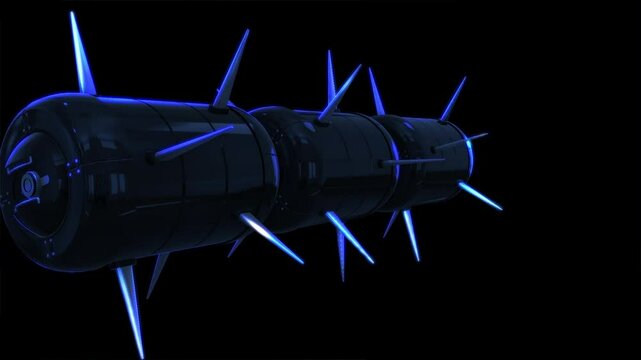 Futuristic Spaceship or Satellite Rotating in Space with Glowing Blue Spikes