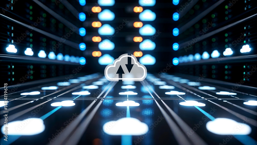 Poster cloud data transfer innovations data centers visual content digital environment futuristic viewpoint