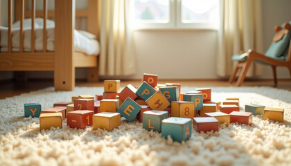 Toys block. Alphabet toy blocks scattered on fluffy rug in cozy nursery with soft sunlight from window