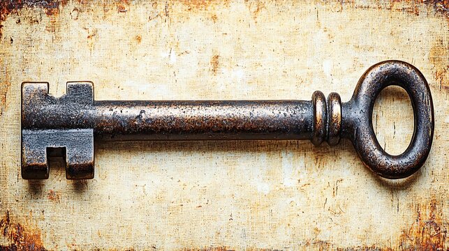 Vintage Iron Key on Rustic Background with Textured Finish