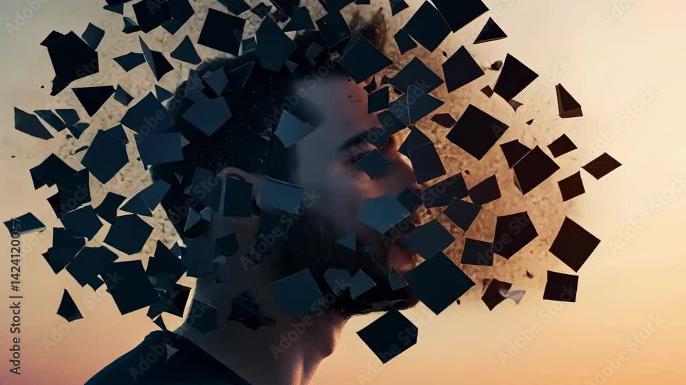 Poster mental health issues concept showing a man's head disintegrating into small geometric shapes, symbol
