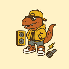 cartoon rapper dinosaur standing in front of speaker
