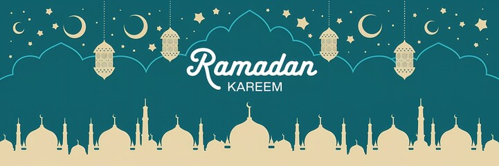 Festive vibrant Ramadan design featuring glowing lanterns crescent moons sparkling stars mosque silhouettes on rich teal background with elegant white Ramadan Kareem typography celebrating holy month