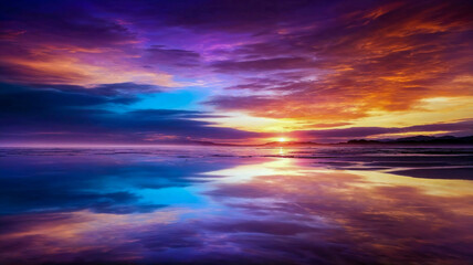 Sunset and clouds with blue, purple and orange hues reflected in the sea water.