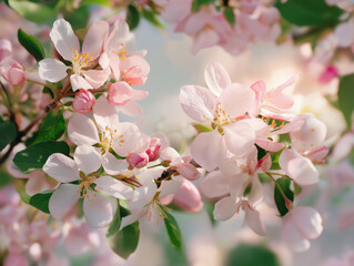 Obraz premium Blooming apple tree branch with delicate pink and white flowers