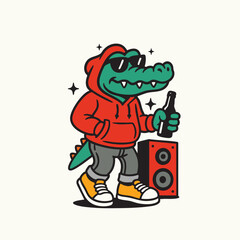 Party Gator with a Drink. Cool Alligator with Speaker Vibes. Retro Swag Crocodile Character