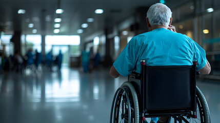 Obraz premium A man in a blue hospital gown is sitting in a wheelchair