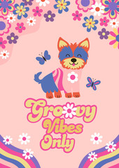 poster with  with retro dog yorkshire terrier, rainbow, flowers