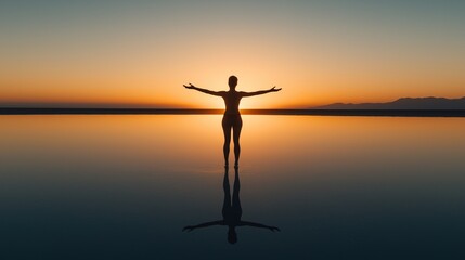 A lone silhouette stretches toward a radiant horizon, embodying solitude and boundless hope.