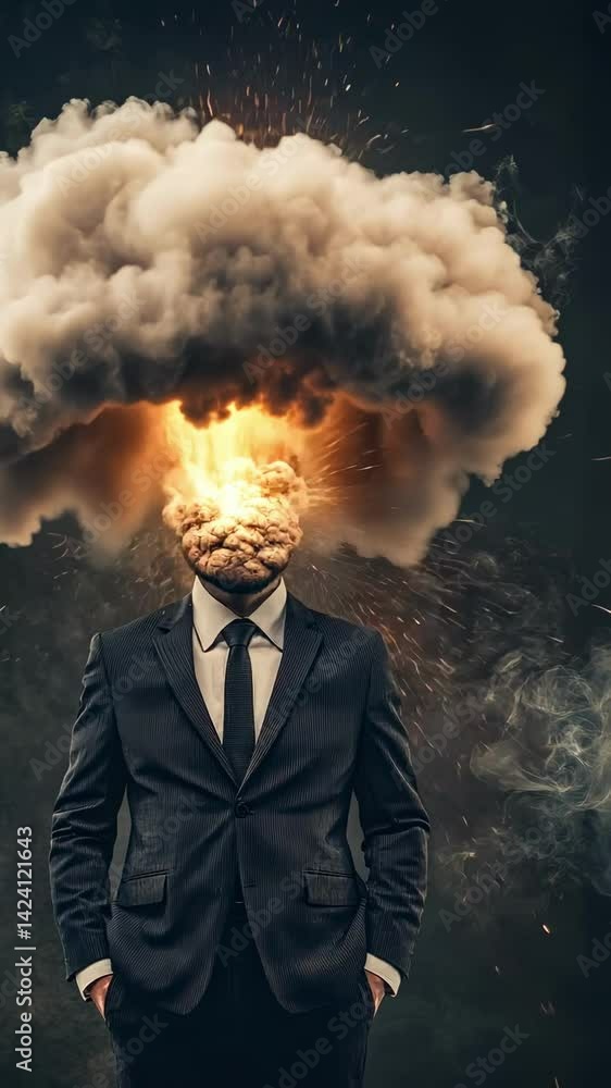 Aufkleber Surreal image of a businessman with his head exploding like a bomb, generating a cloud of smoke and fire, symbolizing stress, pressure, and mental overload in the business world