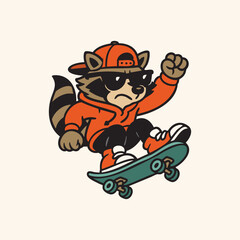 vintage illustration of cute raccoon playing skateboard jumping pose