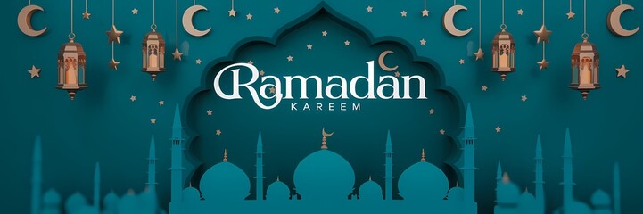 Festive vibrant Ramadan design featuring glowing lanterns crescent moons sparkling stars mosque silhouettes on rich teal background with elegant white Ramadan Kareem typography celebrating holy month