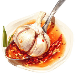 Garlic chili dressing preparation culinary setting food photography flavor concept