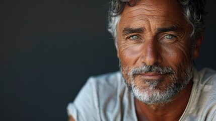 A mature man smiles gently, his distinguished features illuminated by gentle light