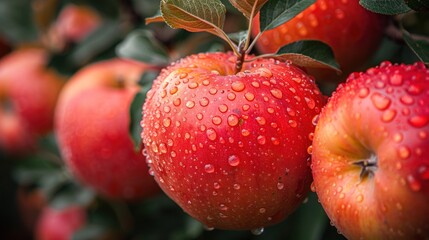 Obraz premium Luscious red apples are covered in droplets, gleaming brightly in the sunlight