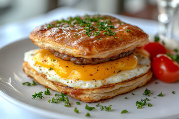 Savory Breakfast Sandwich with Egg, Sausage, and Flaky Pastry