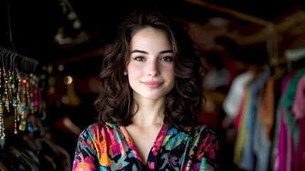 Obraz premium A woman is standing in a store with a floral print dress on