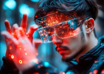 Futuristic Man Experiencing AR Glasses Cityscape