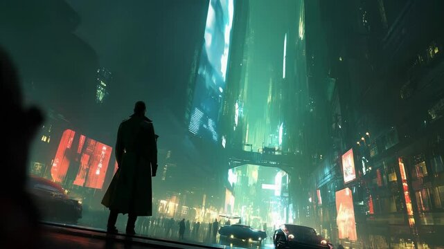 Silhouette Figure Overlooking Rainy Cyberpunk City with Neon Skyscrapers