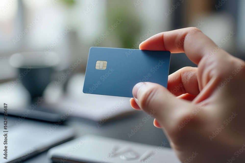 Poster a hand holds a blue card with a chip, set against a blurred background of a modern workspace with ot