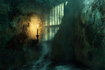 Dimly Lit Dungeon Room With Candlelight.