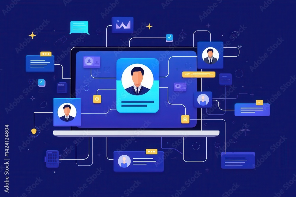 Poster A digital illustration depicting interconnected profiles and communication elements on a laptop against a blue background, symbolizing networking and technology.