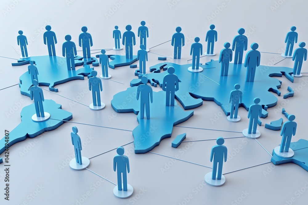 Poster a blue map with abstract figures representing people, interconnected by lines, symbolizing global co