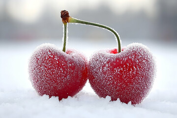 Two vibrant cherries covered in frost resting on a snowy surface with a blurred background