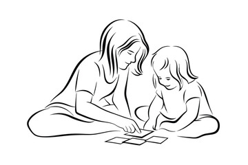 Obraz premium Mother and daughter playing matching game line art illustration on white background