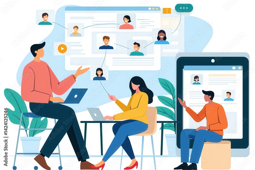 Aufkleber a digital illustration showing people collaborating online through laptops and a smartphone, with us
