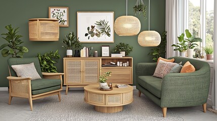 Obraz premium Modern Tropical Living Room with Green Accents and Natural Textures