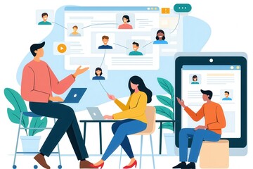 A digital illustration showing people collaborating online through laptops and a smartphone, with user profiles and communication elements.