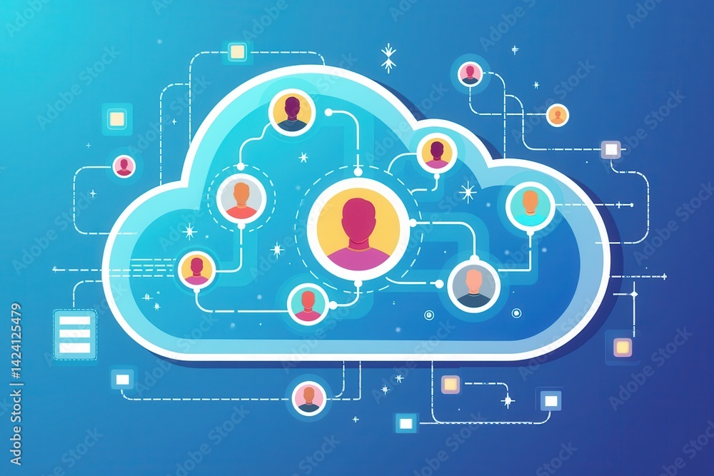 Fototapete a digital illustration of a cloud network connecting various user profiles, symbolizing data sharing