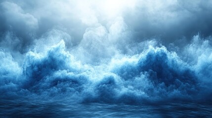 Fototapeta premium Clouds swirl in shades of blue as powerful waves crash softly against the shore