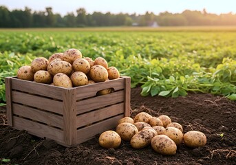 Freshly harvested potatoes are gathered in a rustic wooden crate on a farm. The golden light of sunset casts a warm glow over the rich soil and surrounding green field