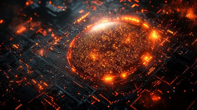 Circuit board with glowing central disk