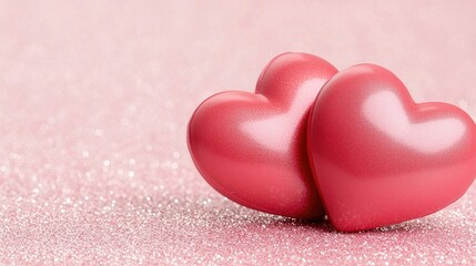 Obraz premium Two glossy red hearts sit on a sparkling pink background, symbolizing love.