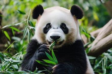 Obraz premium A playful panda sitting on the ground, nibbling on bamboo with a calm expression.