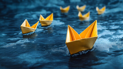 Paper boat steers the fleet with newcomers joining the crew. Teamwork, cooperation, leadership, partnership, and participation. Leadership concept, yellow leader boat guiding boats.