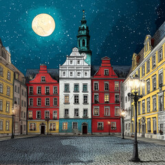 Nighttime cityscape with colorful buildings and a full moon  