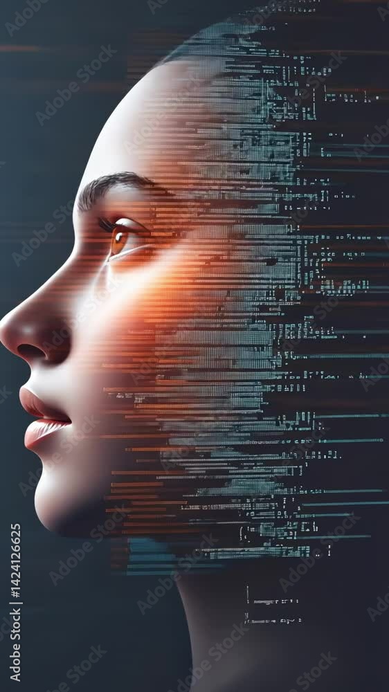Poster Lines of code are appearing over a woman's face, suggesting a transformation related to artificial intelligence, virtual reality or data processing