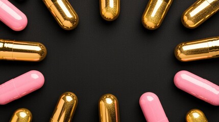 A black background with gold and pink pills arranged in a circle.