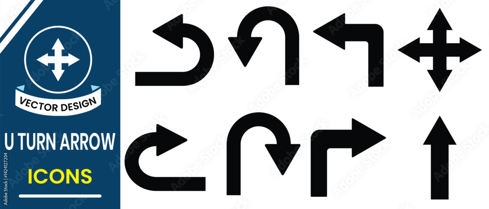 Poster u turn arrow symbol icon vector set. vector set of arrows silhouette of u turn left and right, traff