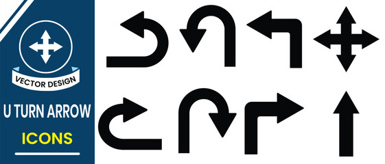 U turn arrow symbol icon vector set. Vector set of arrows silhouette of  U Turn Left and Right, traffic arrows vector illustration.