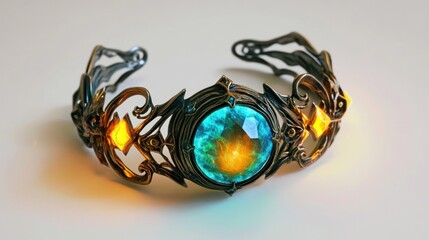 Ornate cuff bracelet with luminous teal gem and warm accents