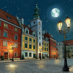 Nighttime cityscape featuring historic buildings and a full moon  