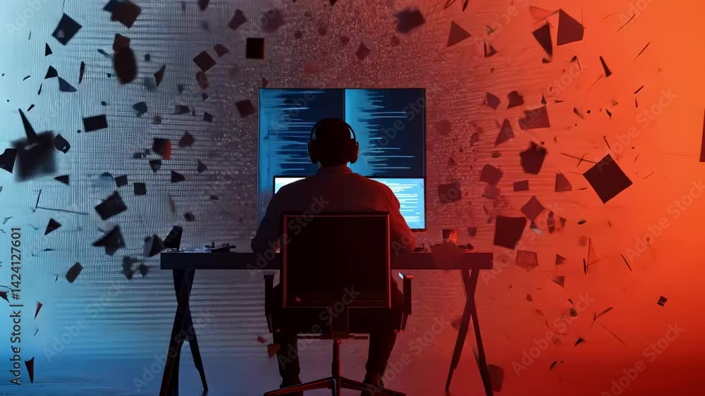 Aufkleber Program code flying around a software engineer working on a computer, illuminated by blue and red lights, suggesting a virtual reality environment