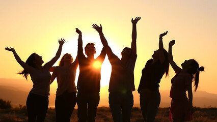 Fototapeta premium A Silhouette of People Laughing Under a Golden Sunset, Symbolizing Unity, Joy, and Connection Through Laughter