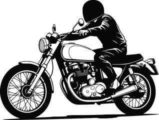 Silhouette vector art of a motorcyclist riding a classic bike with intricate engine details and dynamic motion lines