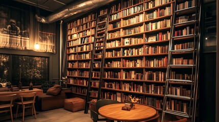 Cozy industrial home library with floor to ceiling bookshelves, steel ladders, and warm